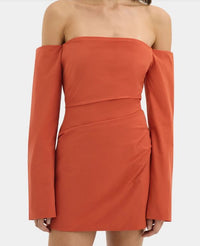 Sir The Label Rossana off-shoulder mini dress in terracotta, close-up of the neckline and bodice