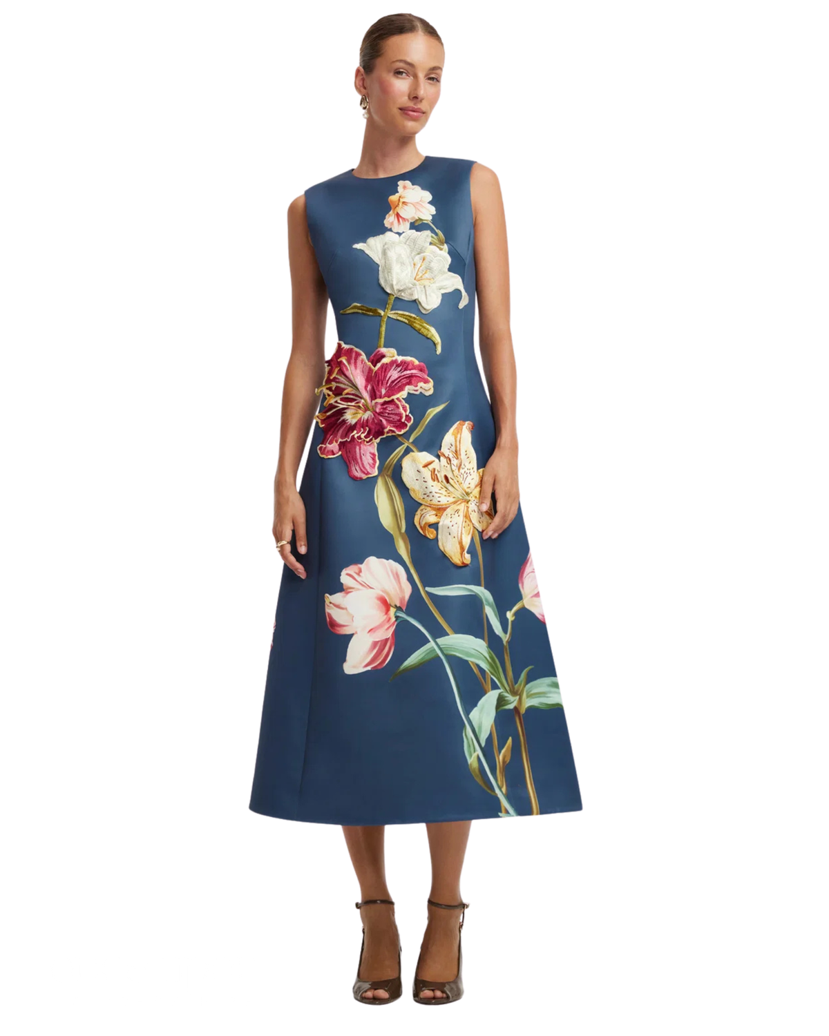 Leo Lin Cleo Embroidered Sleeveless Midi Dress in indigo Lily Print, front view
