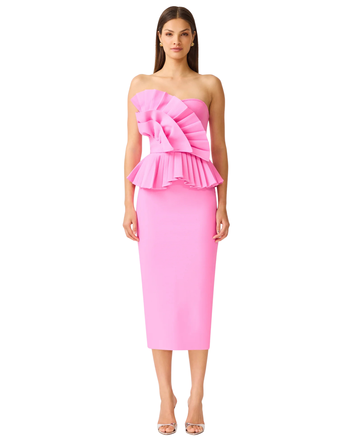 Elliatt Orelia Pleated Midi Dress in candy pink, front view