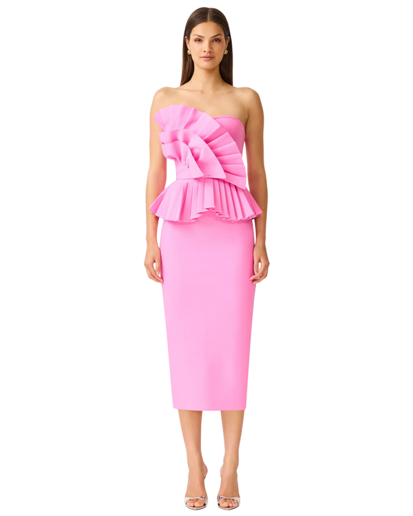Elliatt Orelia Pleated Midi Dress in candy pink, front view