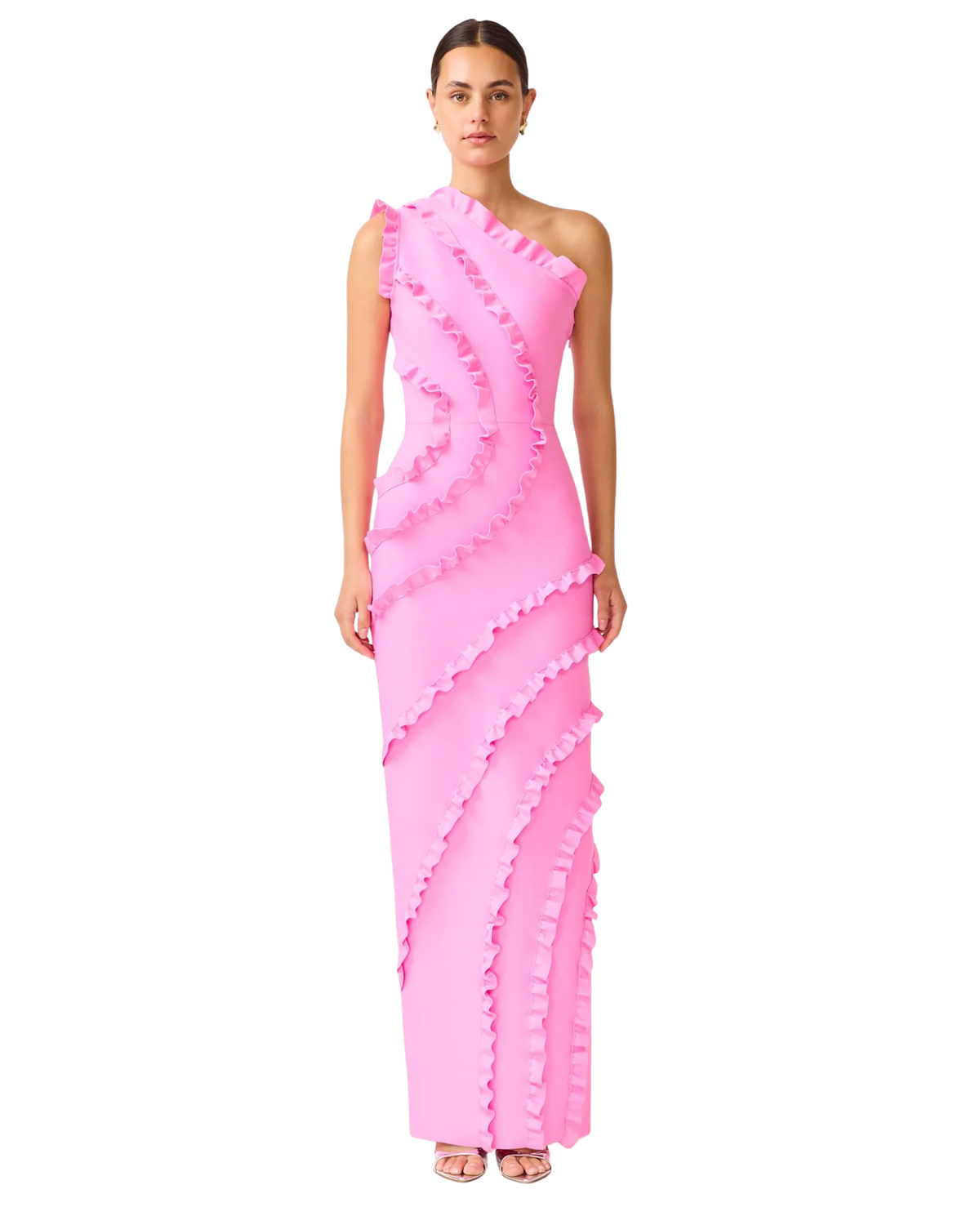 Elliatt Orelia Asymmetrical Gown in pink, front view