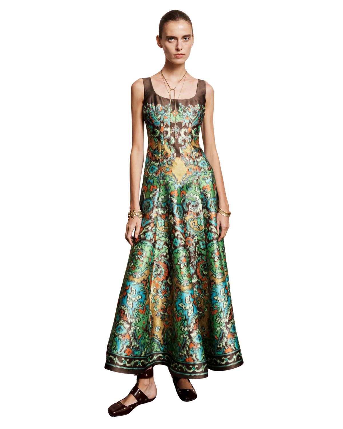 Alemais Charlotte Gown in green watercolour print, front view