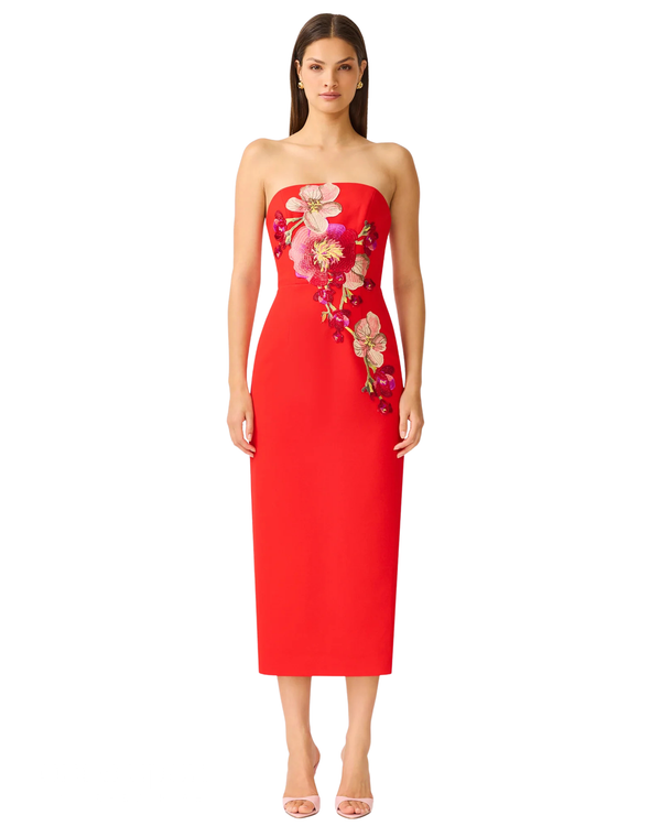 Elliatt Fleurisca Embroidered Midi Dress in scarlet red, front view