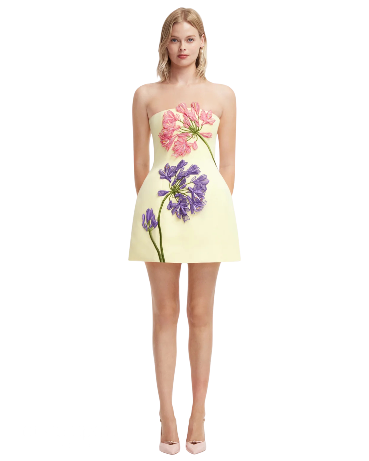 Leo Lin Roselle Appliqué Bustier Mini Dress in light yellow Agapanthus Print, front view