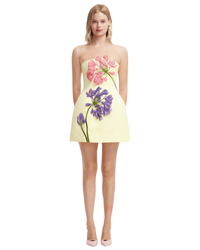 Leo Lin Roselle Appliqué Bustier Mini Dress in light yellow Agapanthus Print, front view