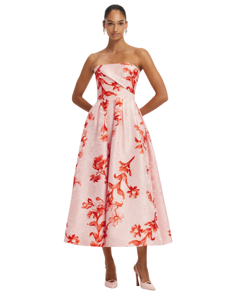 Leo Lin Lynn Jacquard Bustier Midi Dress in blush pink Magnolia Print, front view