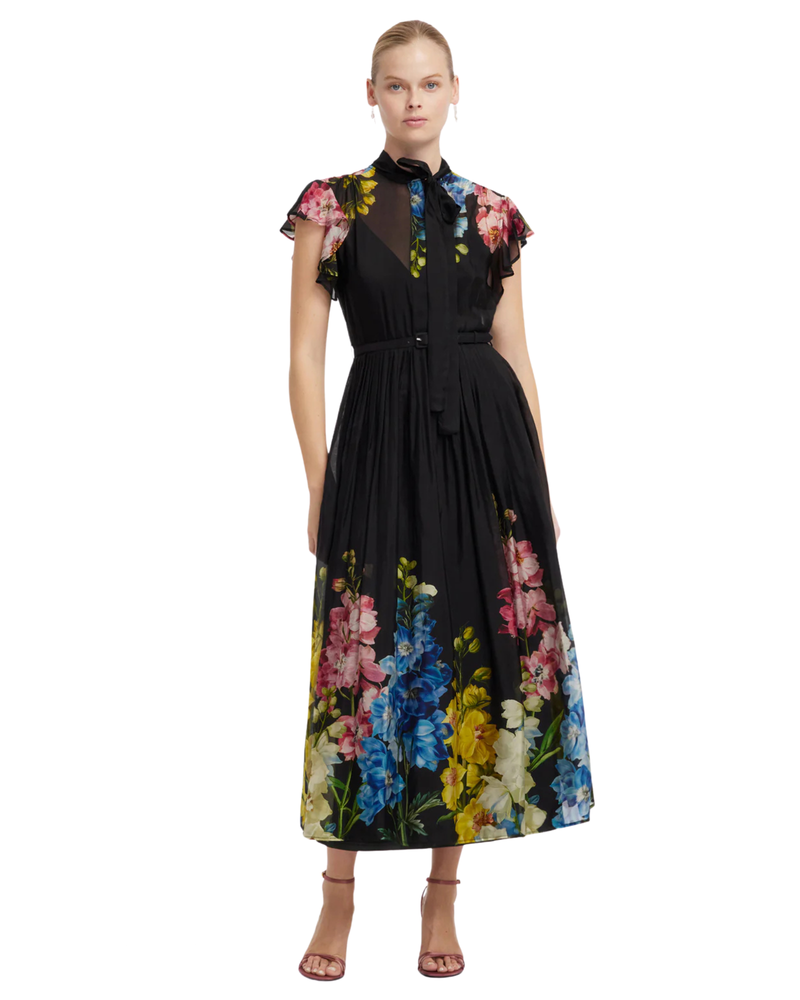 Leo Lin Grace Flutter Sleeve Midi Dress in black with snapdragon floral print, front view