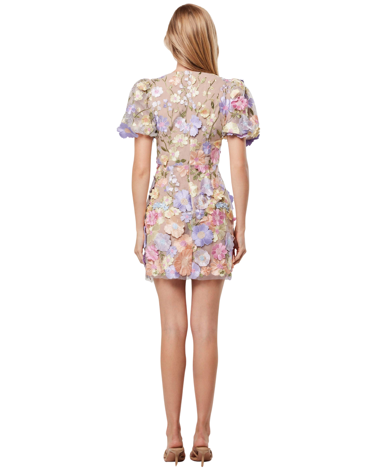 Elliatt 3D Anthea Dress in multi pastel 3D floral, back view