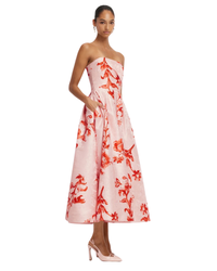 Leo Lin Lynn Jacquard Bustier Midi Dress in blush pink Magnolia Print, side view
