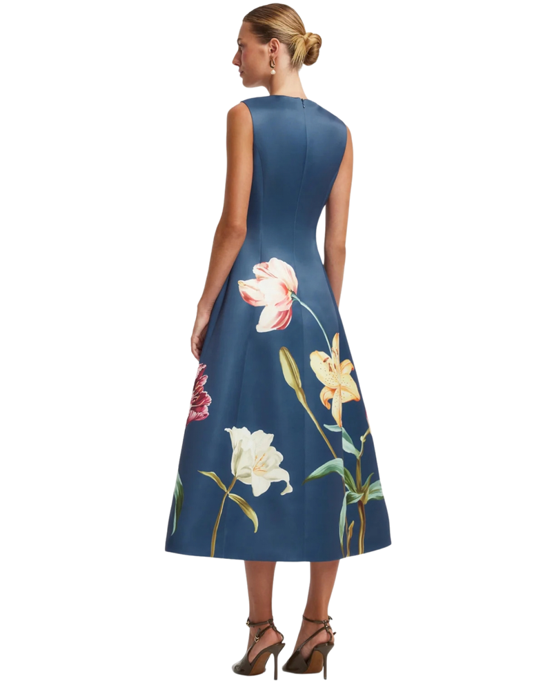 Leo Lin Cleo Embroidered Sleeveless Midi Dress in indigo Lily Print, back view