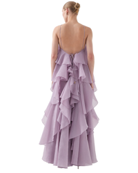 Purple ruffled dress on a white background