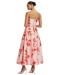 Leo Lin Lynn Jacquard Bustier Midi Dress in blush pink Magnolia Print, back view