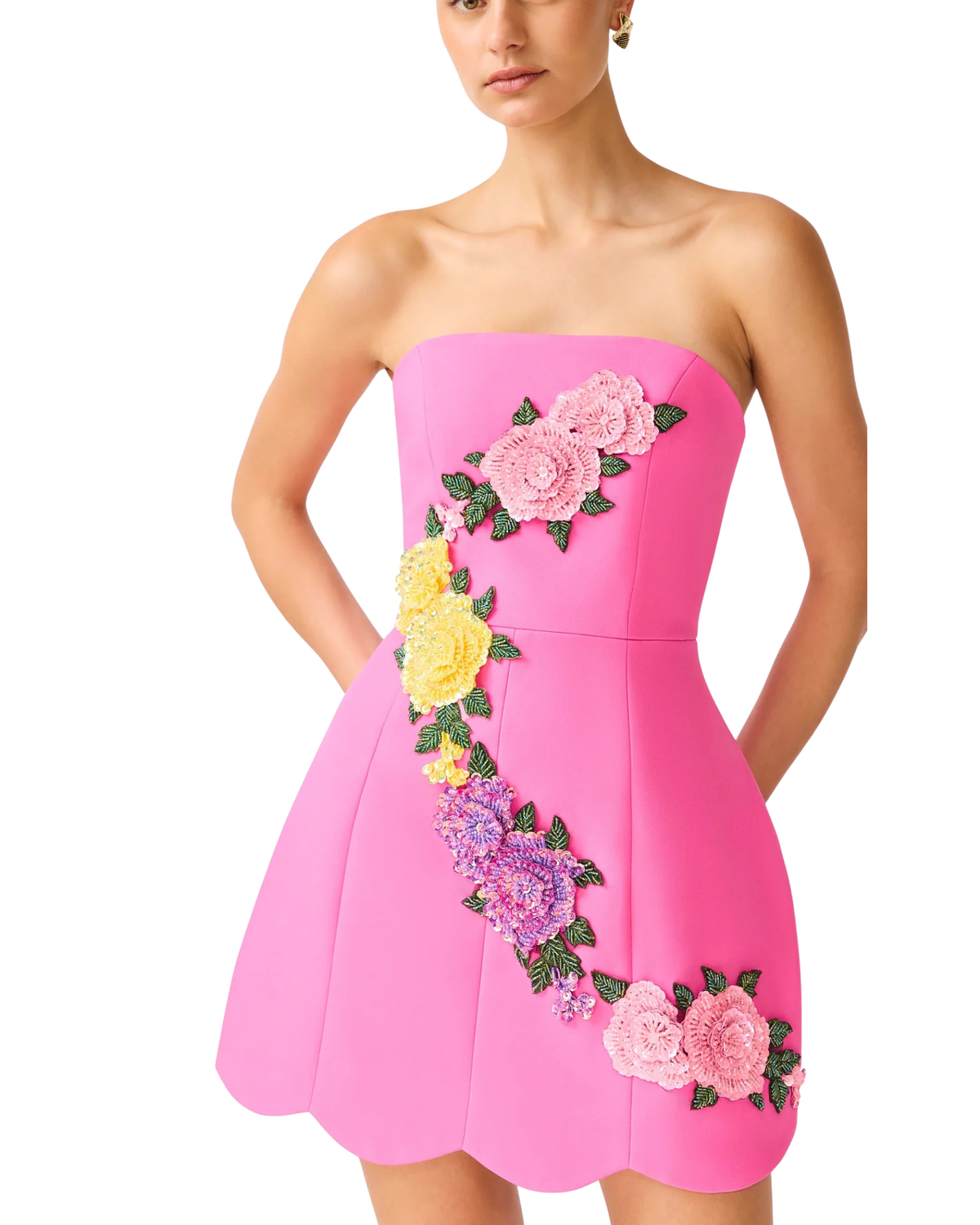 Elliatt Laurentia Tulip Mini Dress in fuchsia pink, front close-up