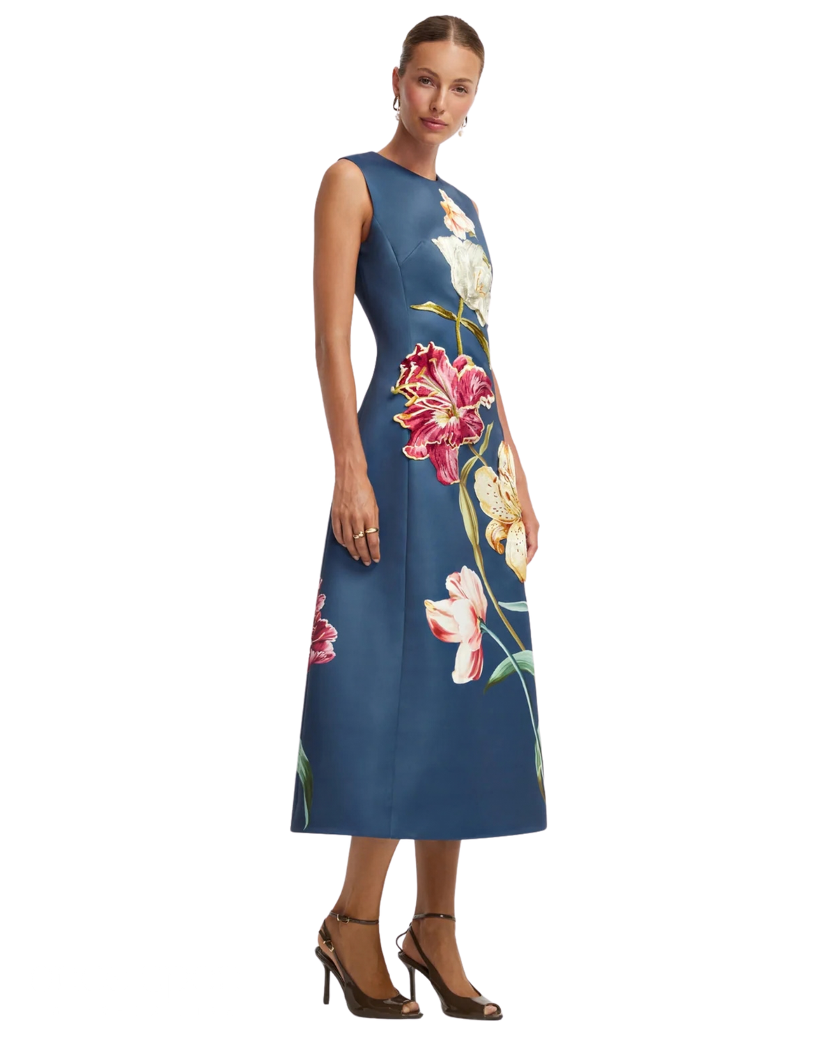 Leo Lin Cleo Embroidered Sleeveless Midi Dress in indigo Lily Print, side view