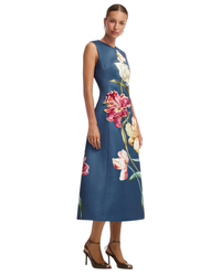 Leo Lin Cleo Embroidered Sleeveless Midi Dress in indigo Lily Print, side view