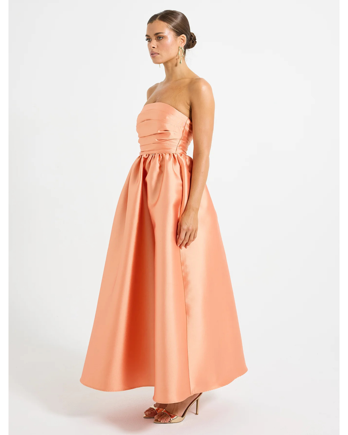 Pasduchas Pippa Strapless Midi Dress in sunset orange, side view