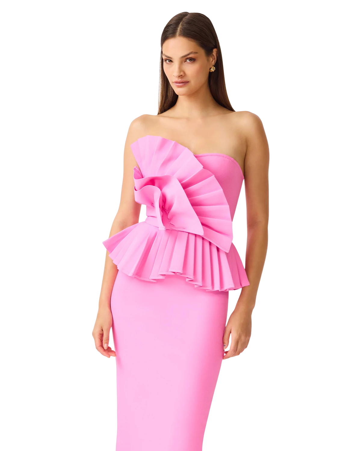 Elliatt Orelia Pleated Midi Dress in candy pink, front close-up