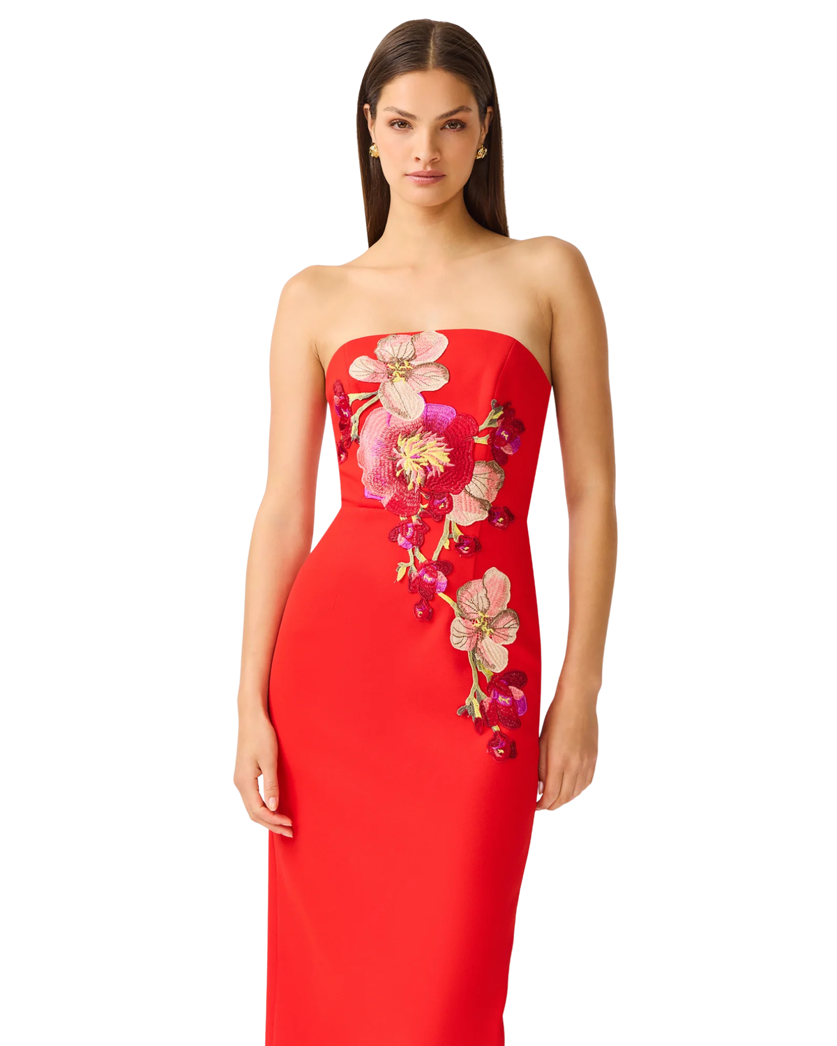 Elliatt Fleurisca Embroidered Midi Dress in scarlet red, front close-up