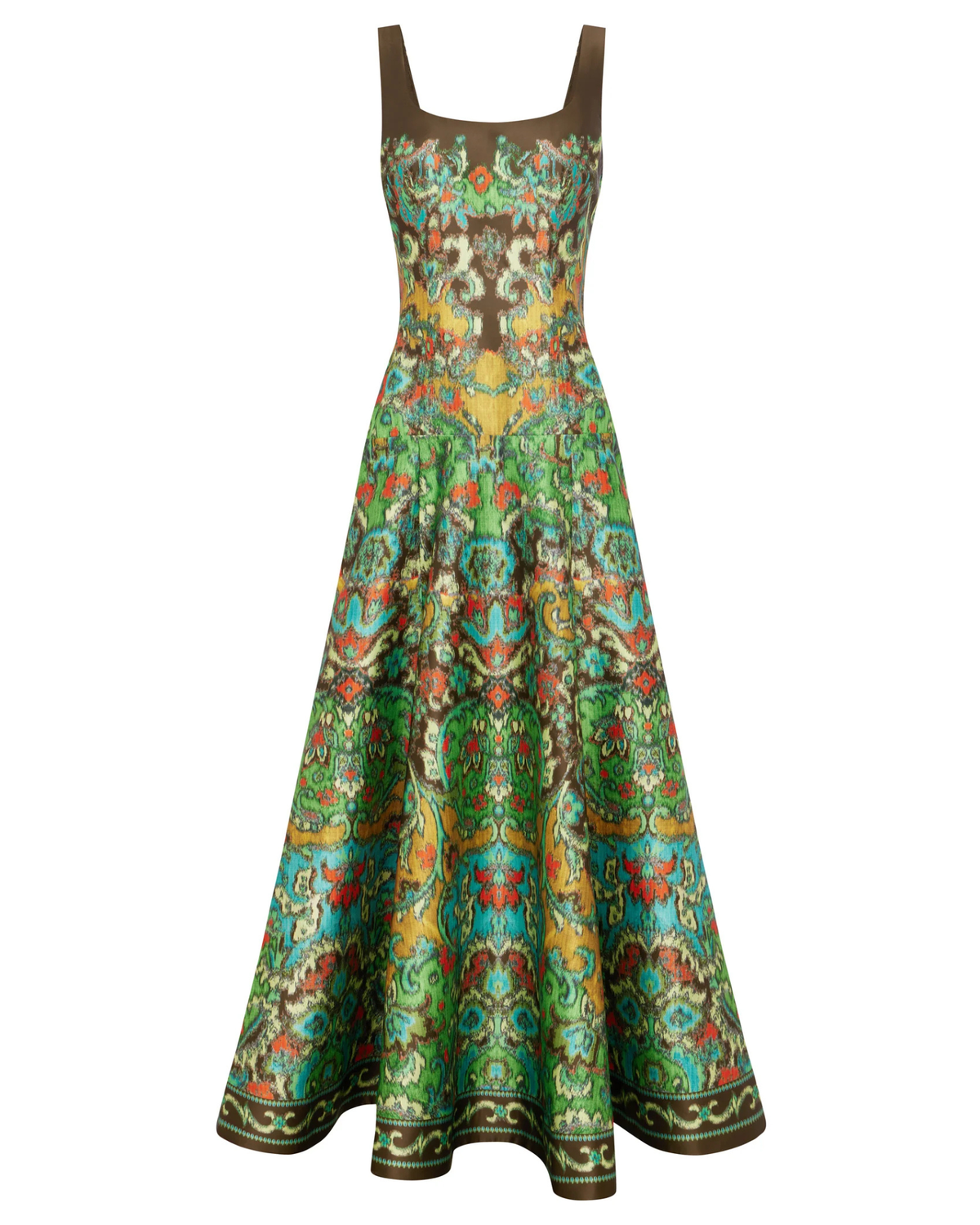 Alemais Charlotte Gown in green watercolour print, front view, no model