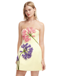 Leo Lin Roselle Appliqué Bustier Mini Dress in light yellow Agapanthus Print, front close-up