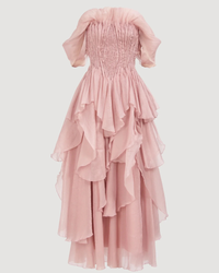 Aje Nisha Gown in fawn pink, front view, no model