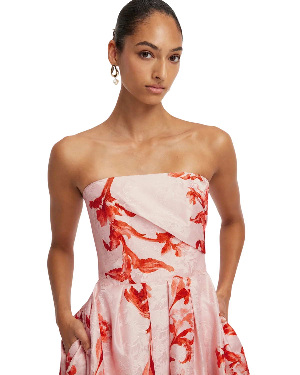 Leo Lin Lynn Jacquard Bustier Midi Dress in blush pink Magnolia Print, front close-up