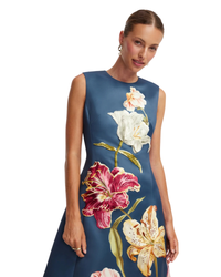 Leo Lin Cleo Embroidered Sleeveless Midi Dress in indigo Lily Print, front close-up