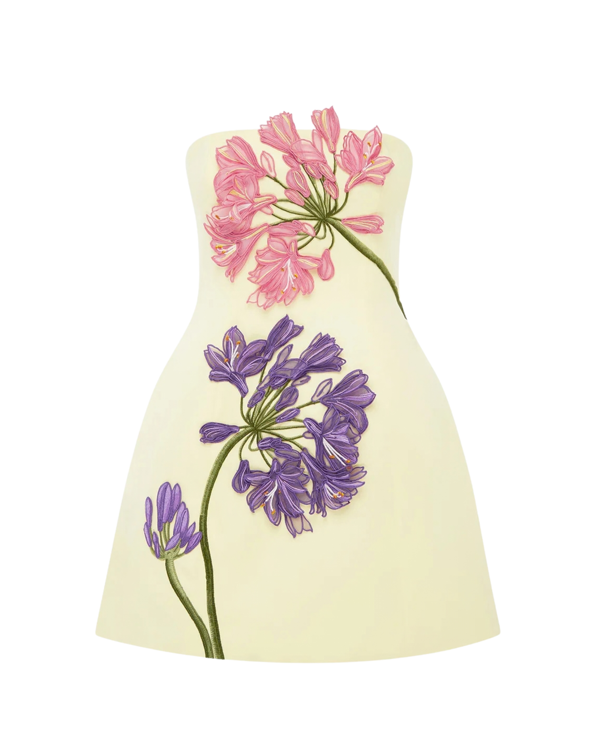 Leo Lin Roselle Appliqué Bustier Mini Dress in light yellow Agapanthus Print, front view, no model