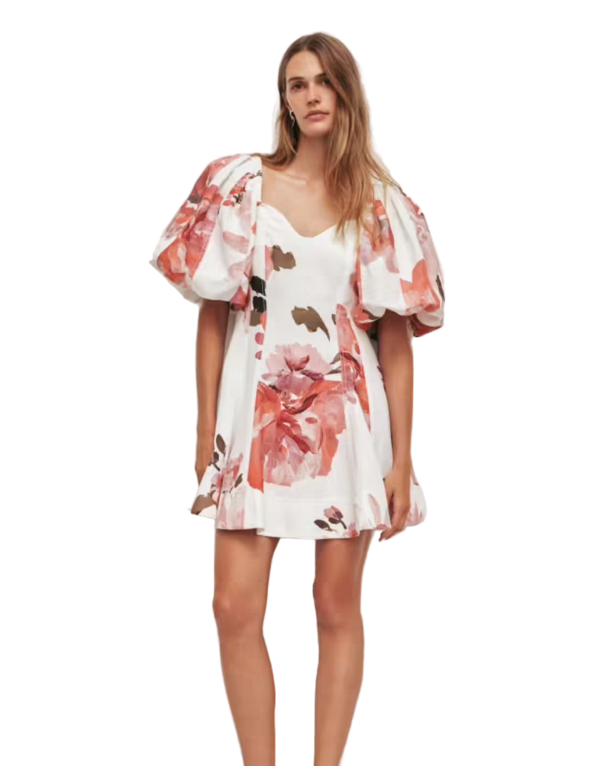 Woman wearing a floral dress with puffed sleeves against a plain background