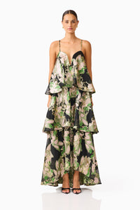 Elliatt Florayne Tiered Maxi Dress Black Green Floral 1