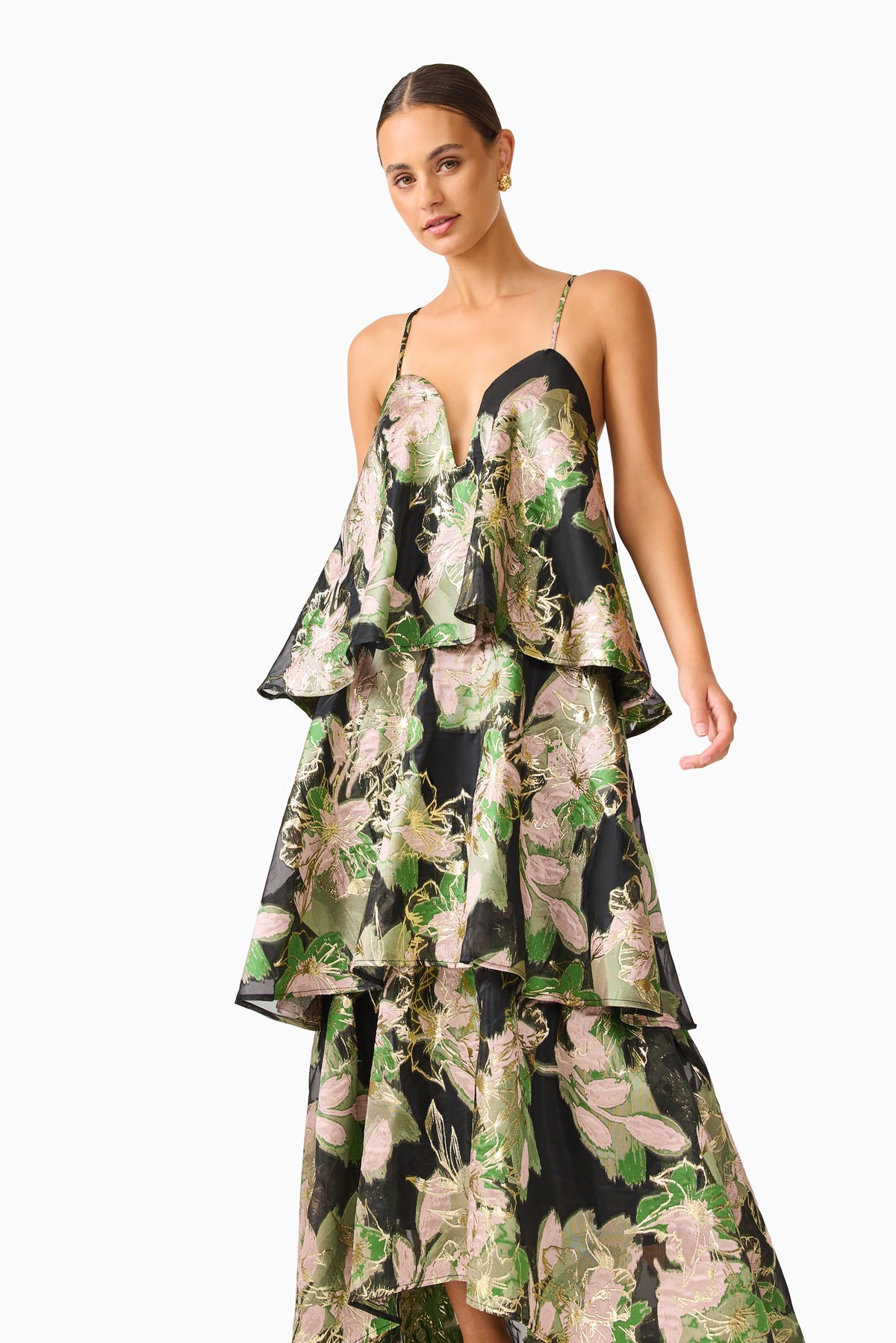 Elliatt Florayne Tiered Maxi Dress Black Green Floral 2
