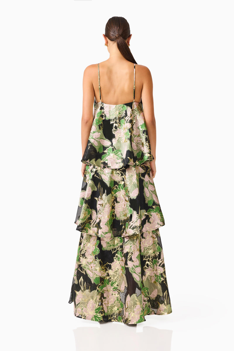 Elliatt Florayne Tiered Maxi Dress Black Green Floral 5