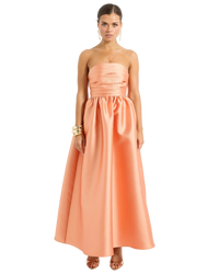 Pasduchas Pippa Strapless Midi Dress in sunset orange, front view