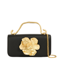 Aje Alessia Flower Clutch in black, front view with gold flower hardware