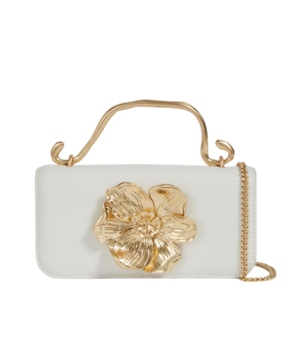 Aje Alessia Flower Clutch in ivory, front view with gold flower hardware