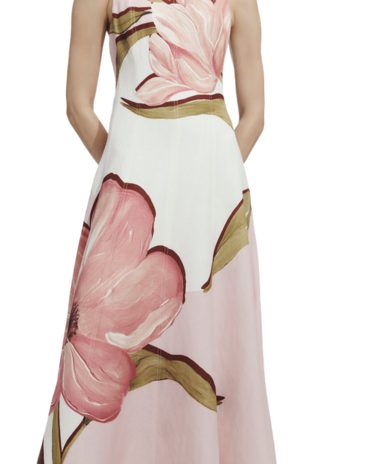 Aje Skies Maxi Dress in Flourish Rose print, close-up of the skirt print