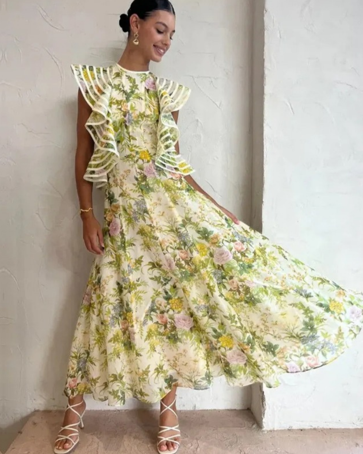 Alemais Eden Flounce Midi Dress in cream botanical floral, front view, mid-twirl