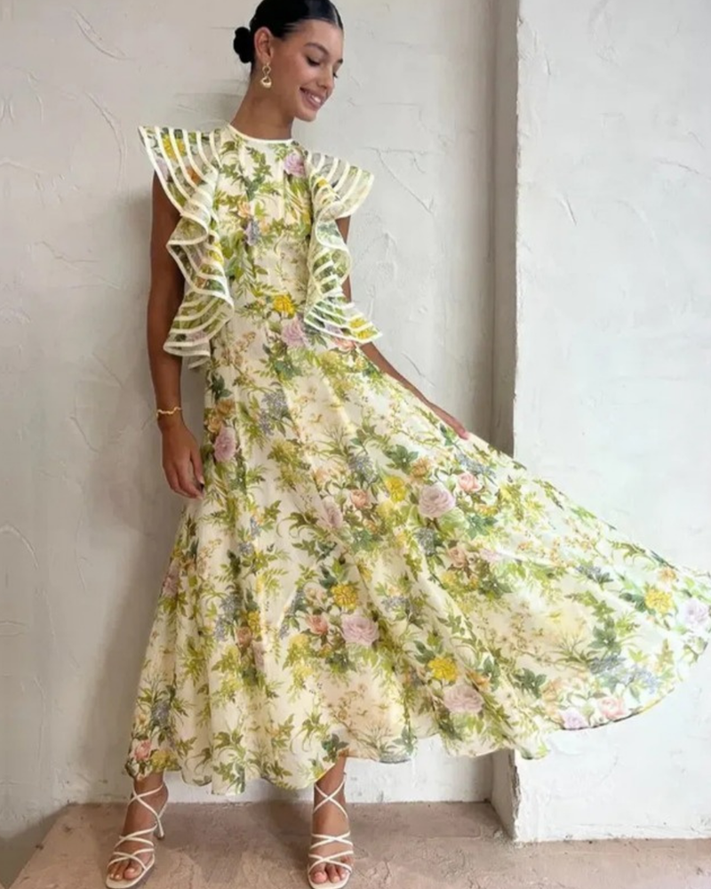 Alemais Eden Flounce Midi Dress in cream botanical floral, front view, mid-twirl