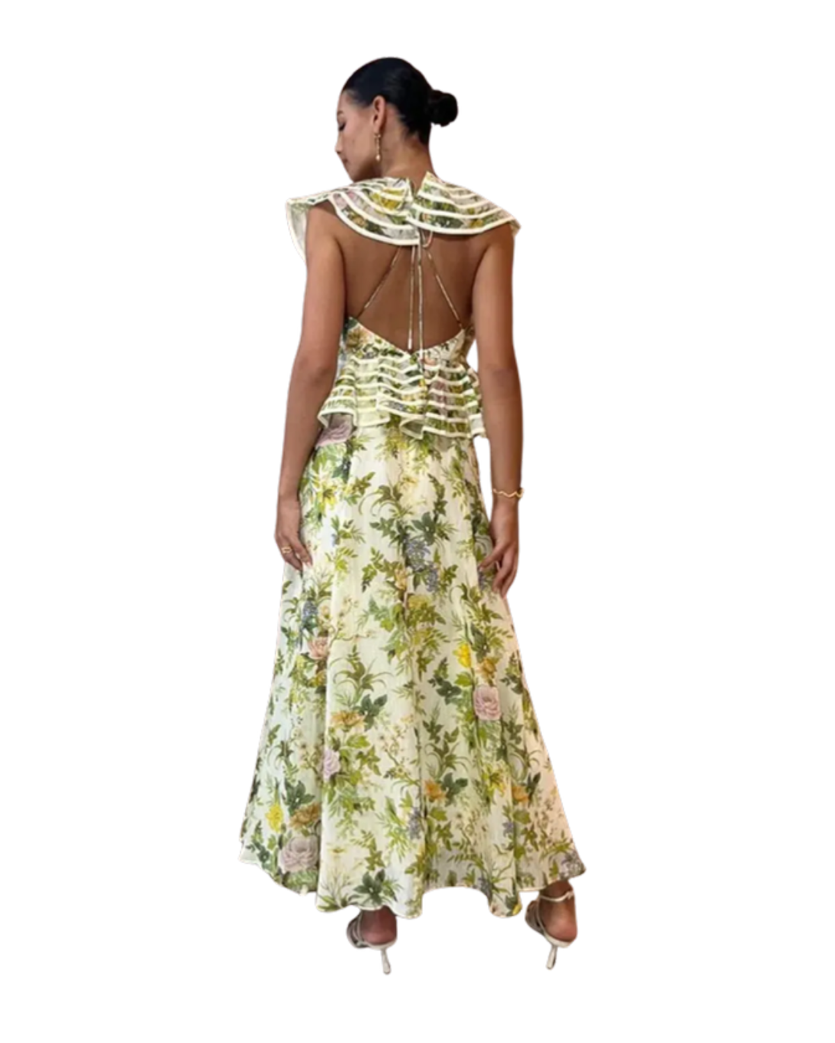 Alemais Eden Flounce Midi Dress in cream botanical floral, back view