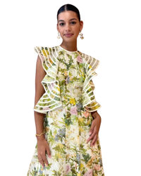 Alemais Eden Flounce Midi Dress in cream botanical floral, front close-up