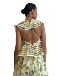 Alemais Eden Flounce Midi Dress in cream botanical floral, close-up of the open back and ties