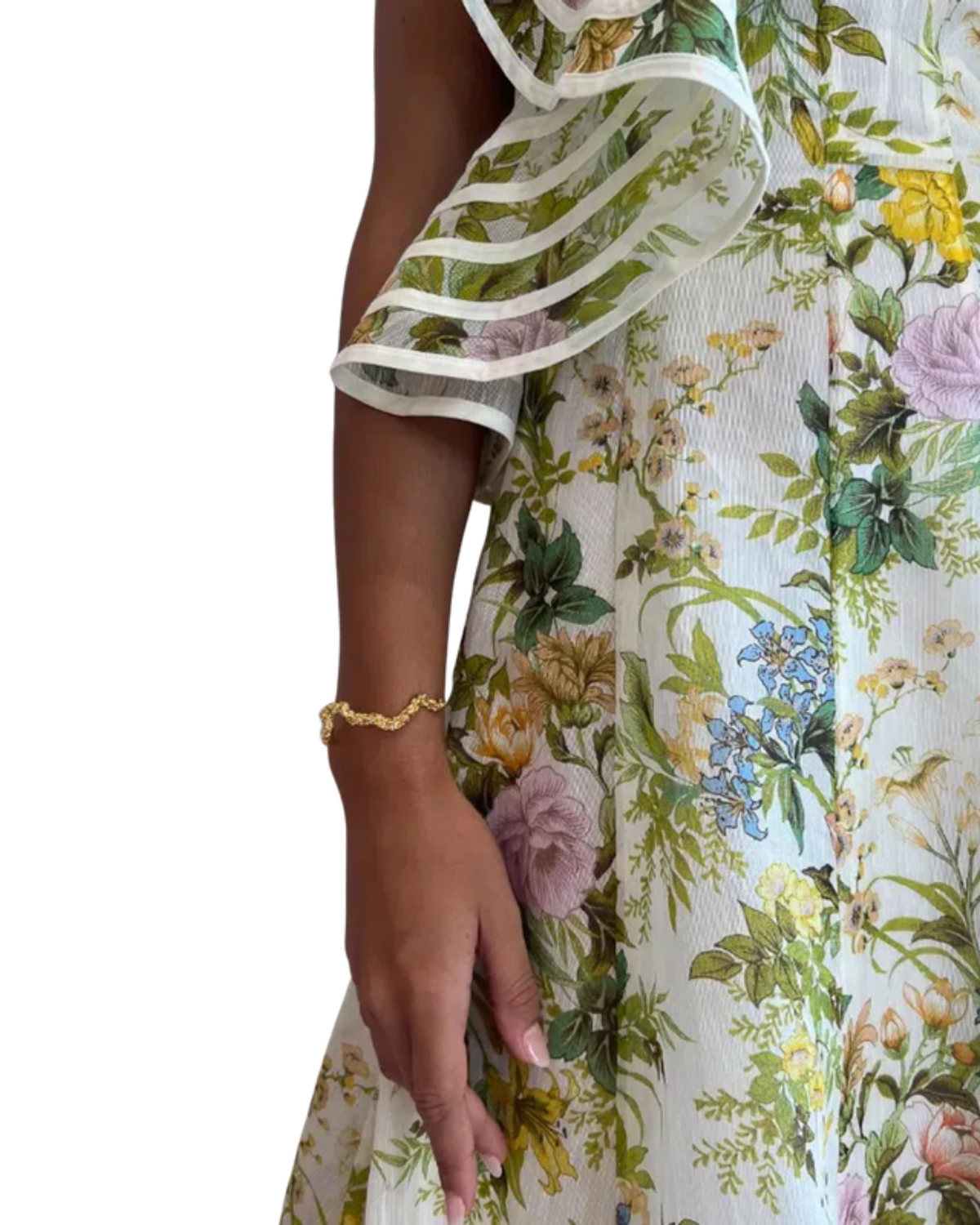 Alemais Eden Flounce Midi Dress in cream botanical floral, close-up of the print and flounce sleeve