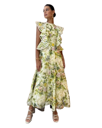 Alemais Eden Flounce Midi Dress in cream botanical floral, front view