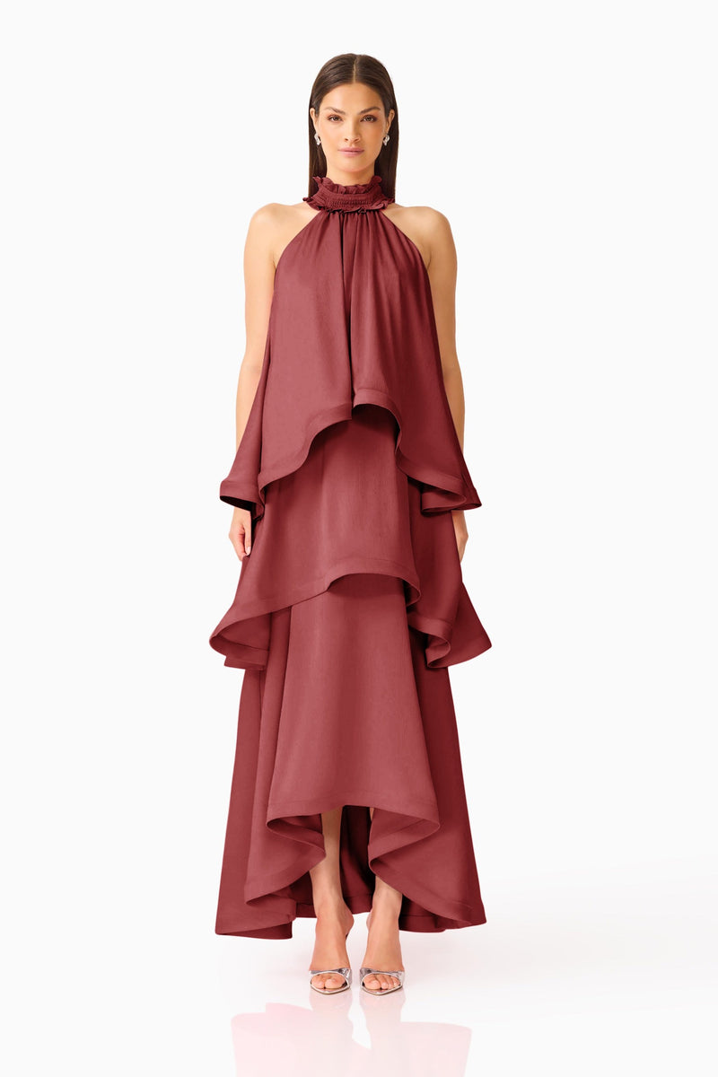Elliatt Calista Ruffle Neck Tiered Gown Burgundy front