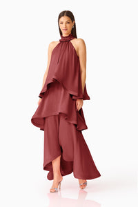 Elliatt Calista Ruffle Neck Tiered Gown Burgundy side