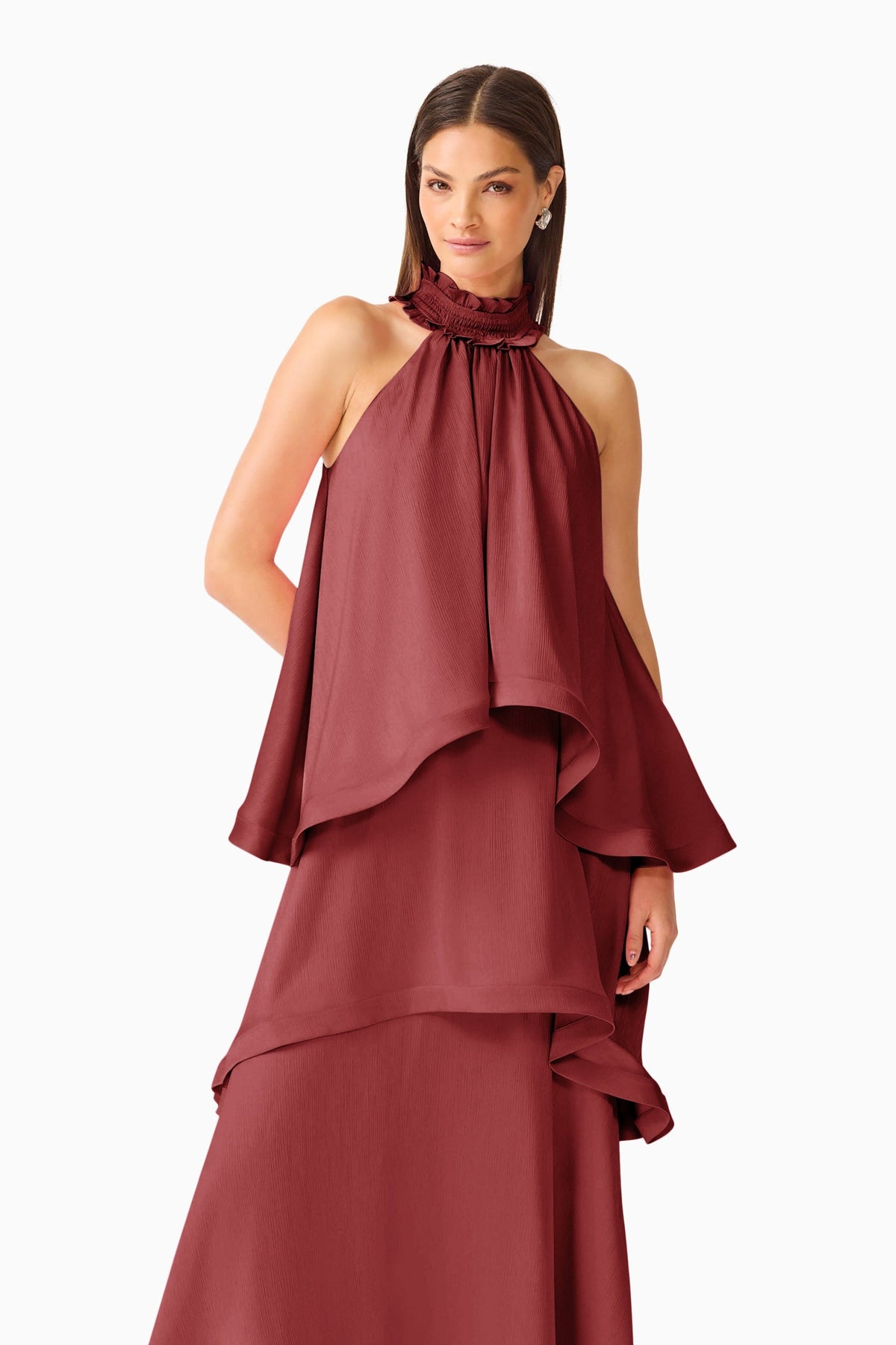 Elliatt Calista Ruffle Neck Tiered Gown Burgundy close up