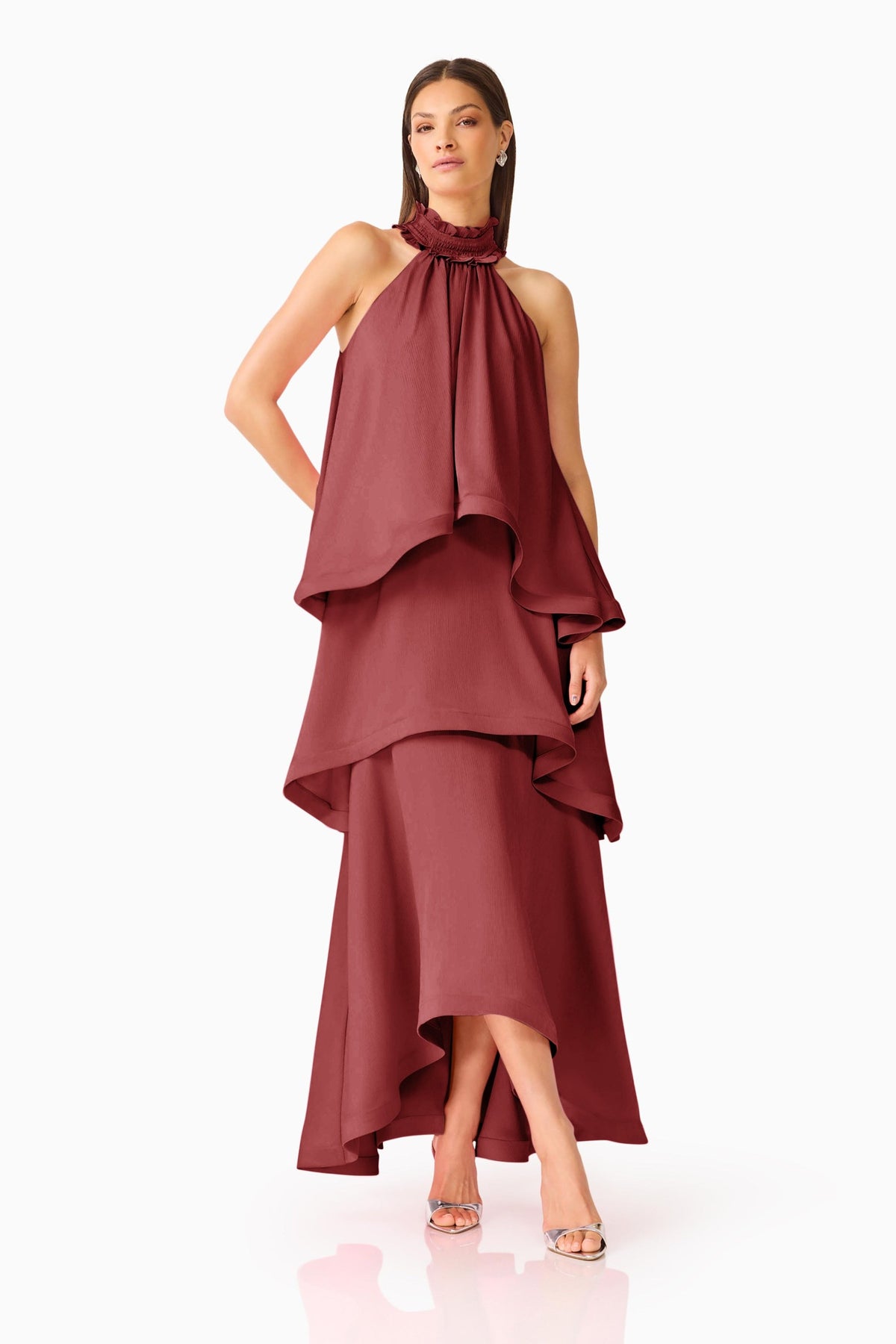 Elliatt Calista Ruffle Neck Tiered Gown Burgundy front