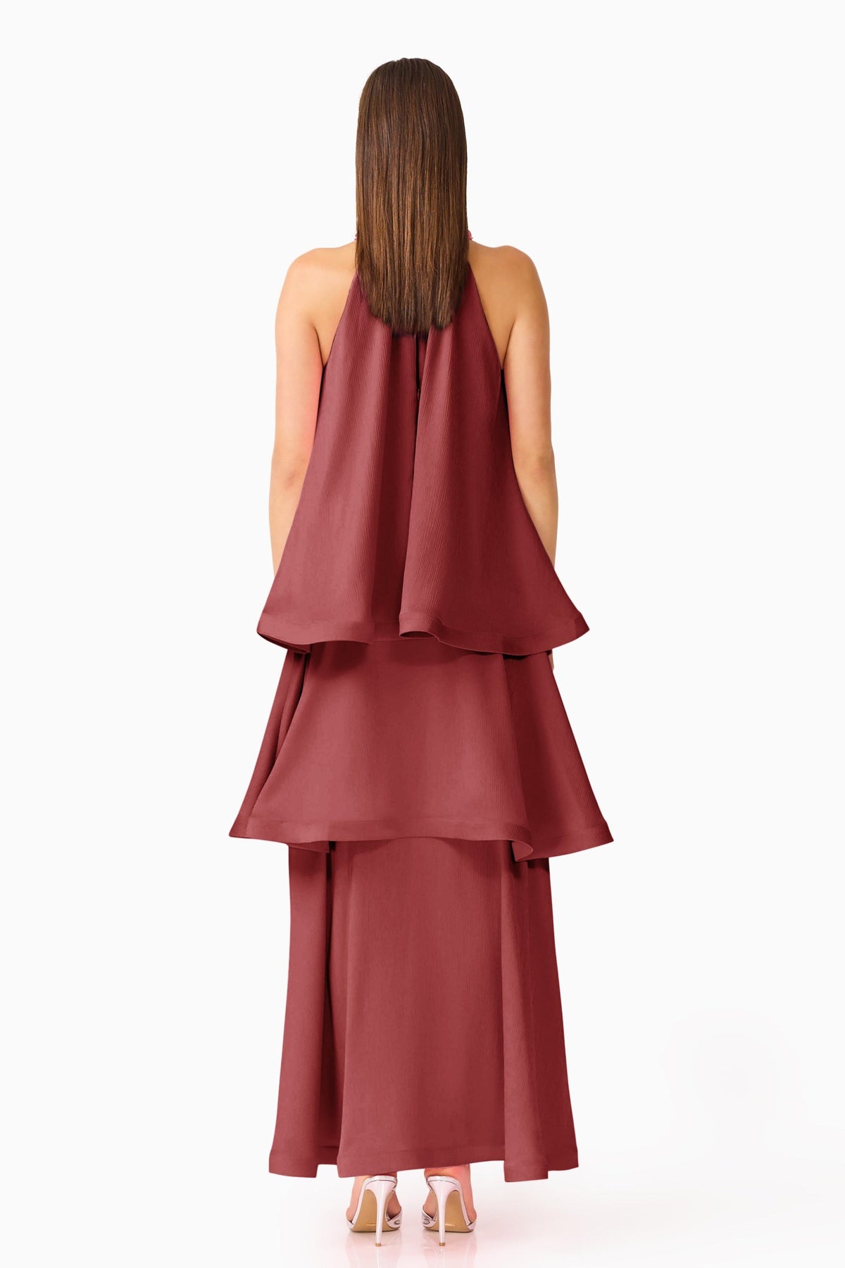 Elliatt Calista Ruffle Neck Tiered Gown Burgundy back