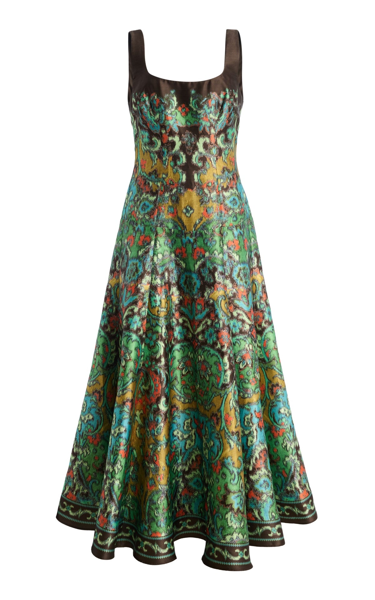 Alemais Charlotte Gown in green watercolour print, front view, no model