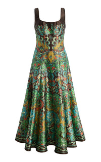Alemais Charlotte Gown in green watercolour print, front view, no model